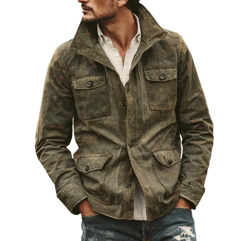 Men's Washed Camouflage Cotton Stand Collar Multi-pocket Cargo Jacket MTA0126I0Z sold by Manly