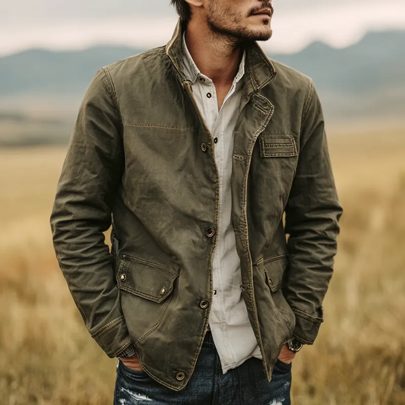 Men's Washed Cotton Stand Collar Multi-pocket Cargo Jacket MTA0168I1Z sold by Manly product image thumbnail 2