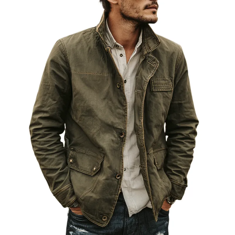 Men's Washed Cotton Stand Collar Multi-pocket Cargo Jacket MTA0168I1Z sold by Manly