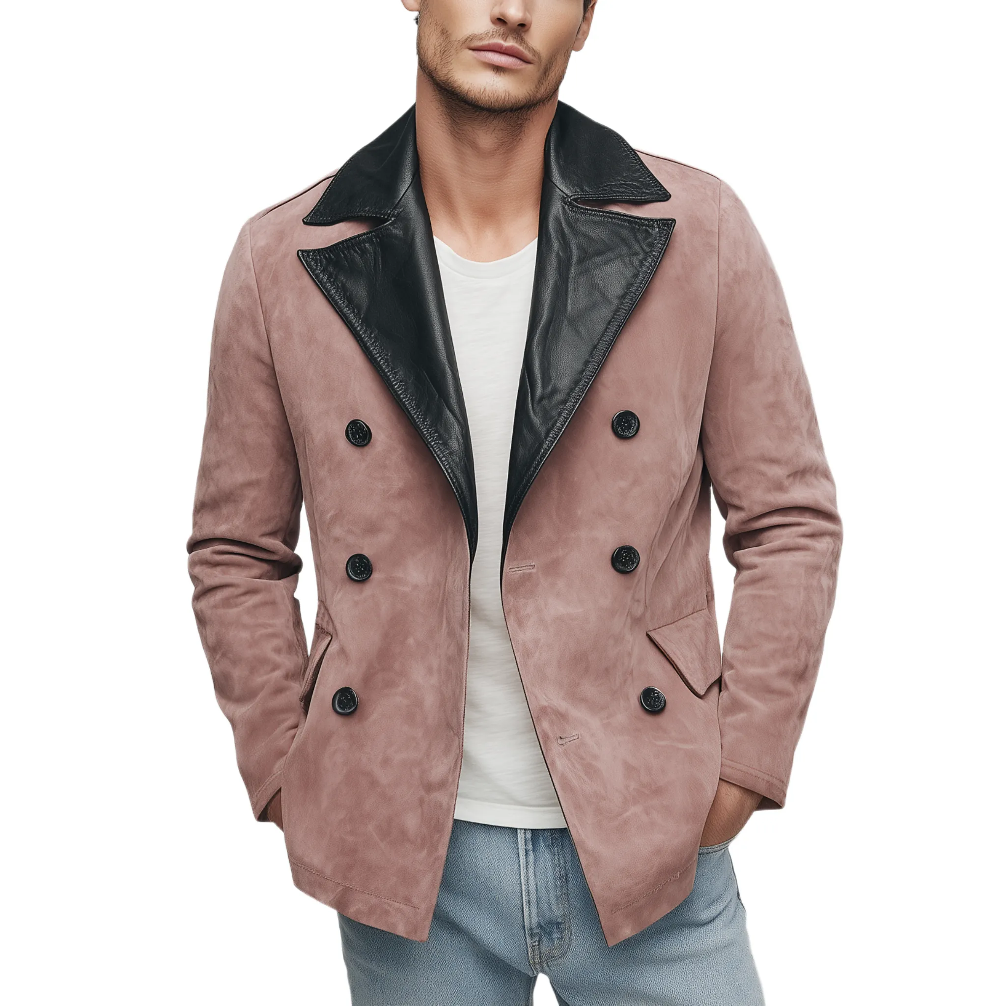 Men's Classic Casual Lapel PU Leather Double-breasted Pink Suede Jacket MTA0266I0K sold by Manly