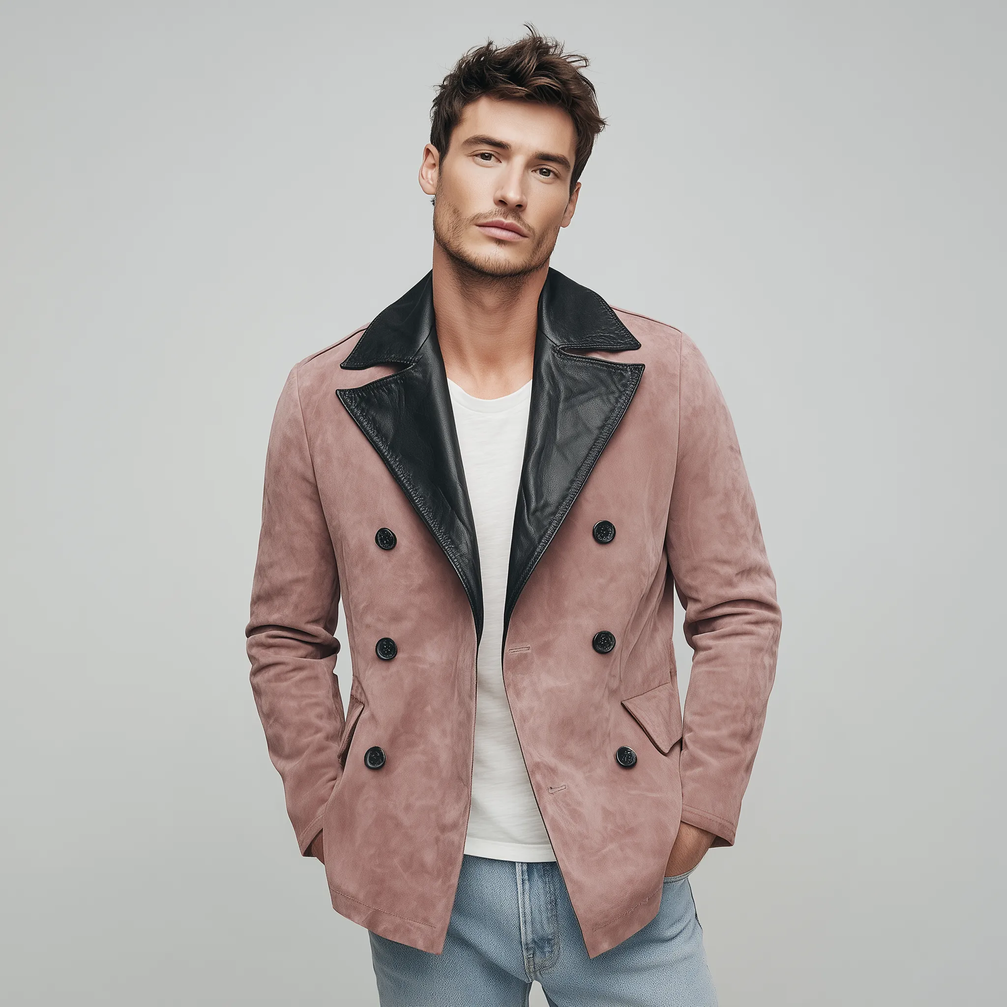 Men's Classic Casual Lapel PU Leather Double-breasted Pink Suede Jacket MTA0266I0K sold by Manly product image thumbnail 3