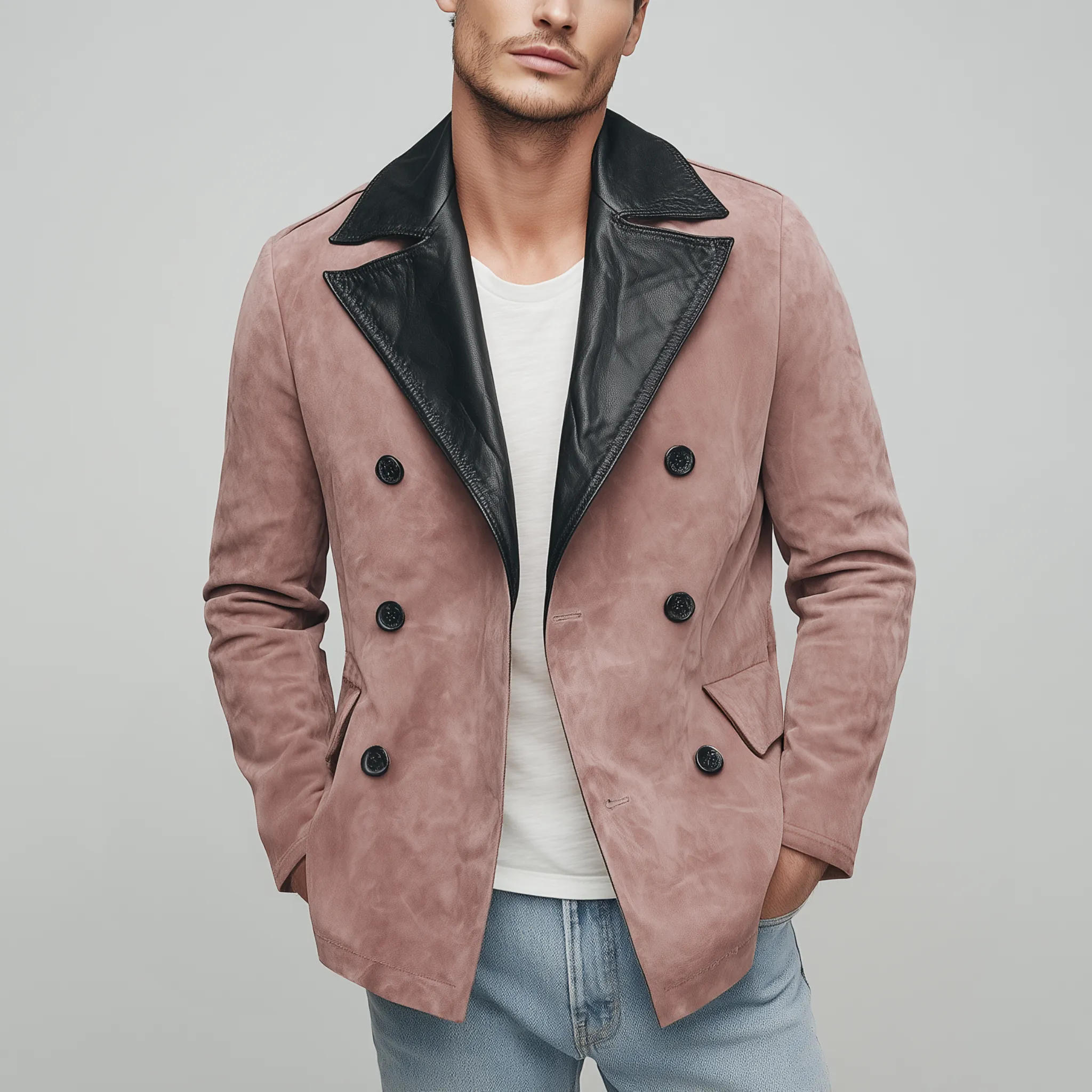 Men's Classic Casual Lapel PU Leather Double-breasted Pink Suede Jacket MTA0266I0K sold by Manly product image thumbnail 2