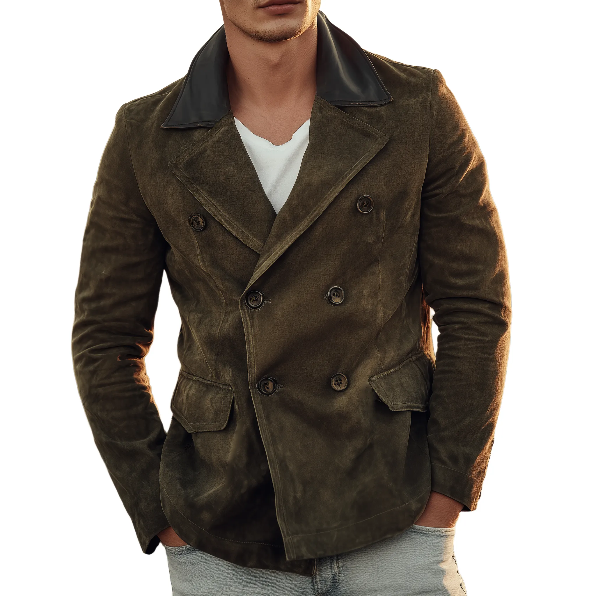 Men's Classic Retro Lapel PU Leather Double-breasted Suede Jacket MTA0269I4K sold by Manly
