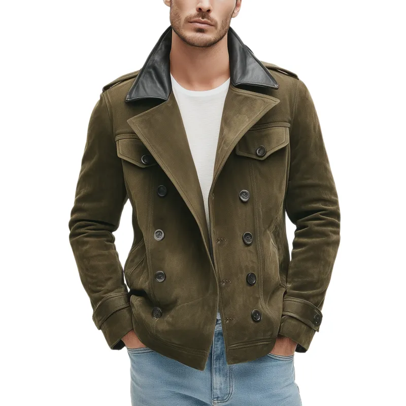 Men's Classic Retro Lapel PU Leather Double-breasted Multi-pocket Suede Jacket MTA0222I9K sold by Manly