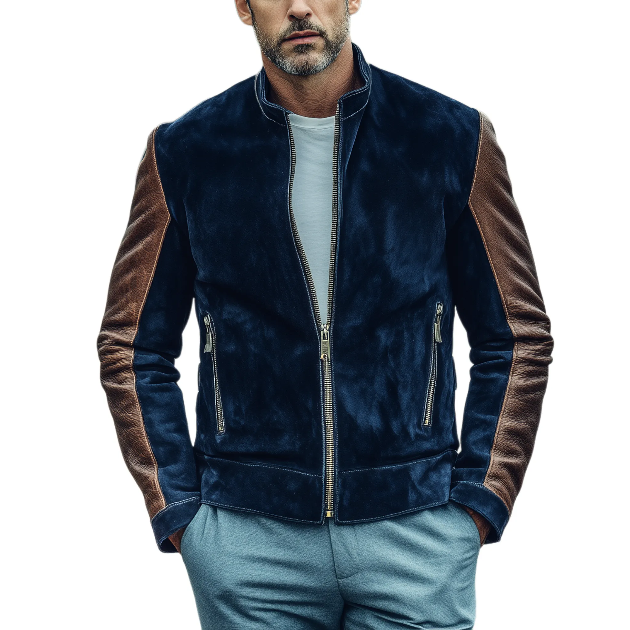 Men's Classic Retro Stand-up Collar PU Leather Zipper Suede Jacket MTA0239I5K sold by Manly