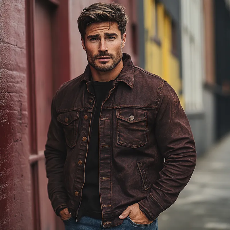 Men's Vintage Washed Lapel Denim Jacket MTA0143I5X sold by Manly product image thumbnail 4