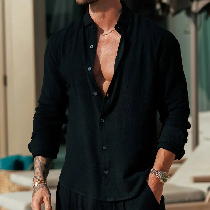 Men's Solid Color Cotton And Linen Lapel Long-sleeved Shirt MTA2982H3X sold by Manly product image thumbnail 3