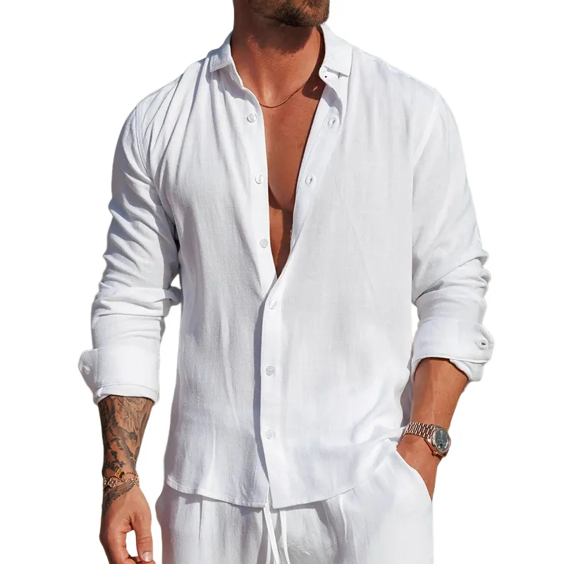 Men's Solid Color Cotton And Linen Lapel Long-sleeved Shirt MTA2982H3X sold by Manly