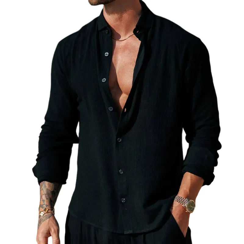 Men's Solid Color Cotton And Linen Lapel Long-sleeved Shirt MTA2982H3X sold by Manly product image thumbnail 4