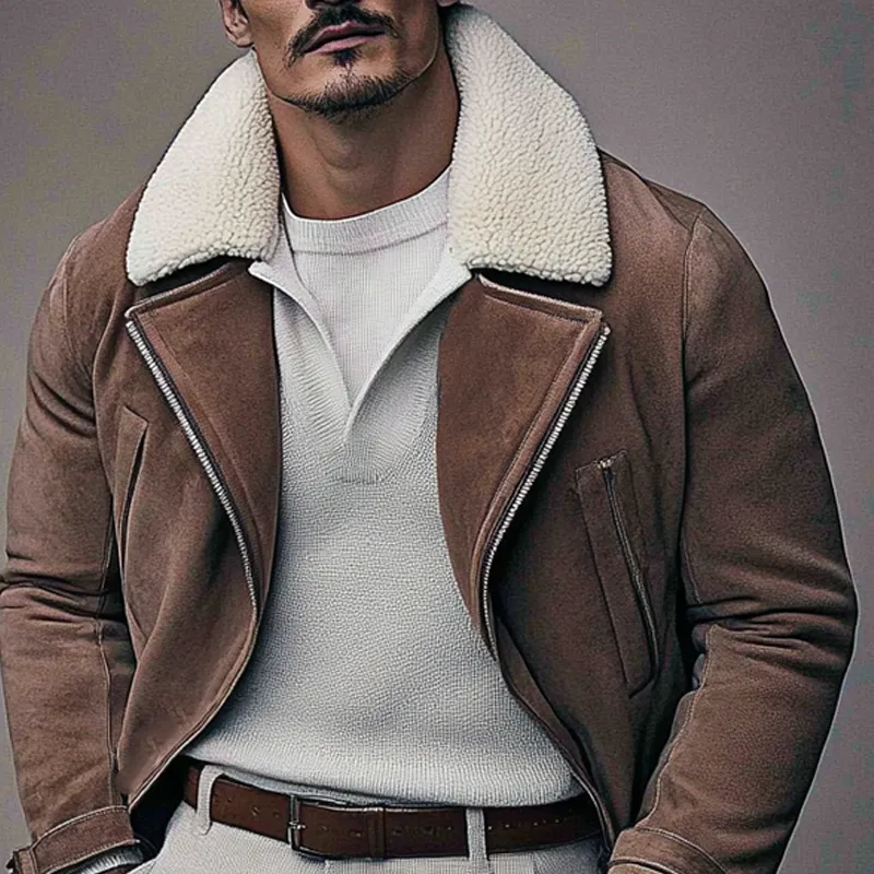 Men's Vintage Polar Fleece And Faux Suede Lapel Mid-Length Coat MTA0172I2X sold by Manly product image thumbnail 3