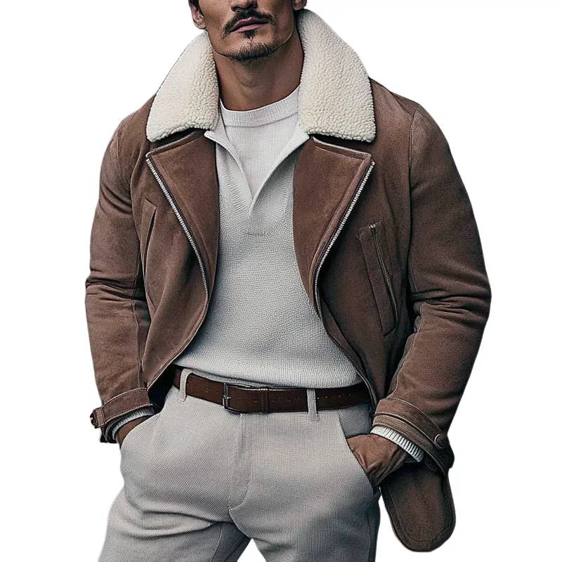 Men's Vintage Polar Fleece And Faux Suede Lapel Mid-Length Coat MTA0172I2X sold by Manly