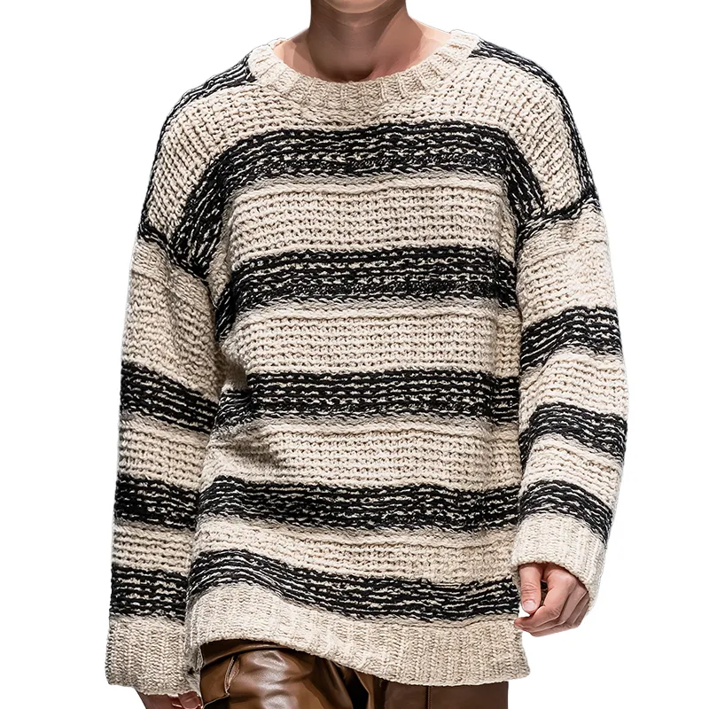 Men's Retro Casual Striped Knit Oversized Crew Neck Sweater MTA2850H9TO sold by Manly