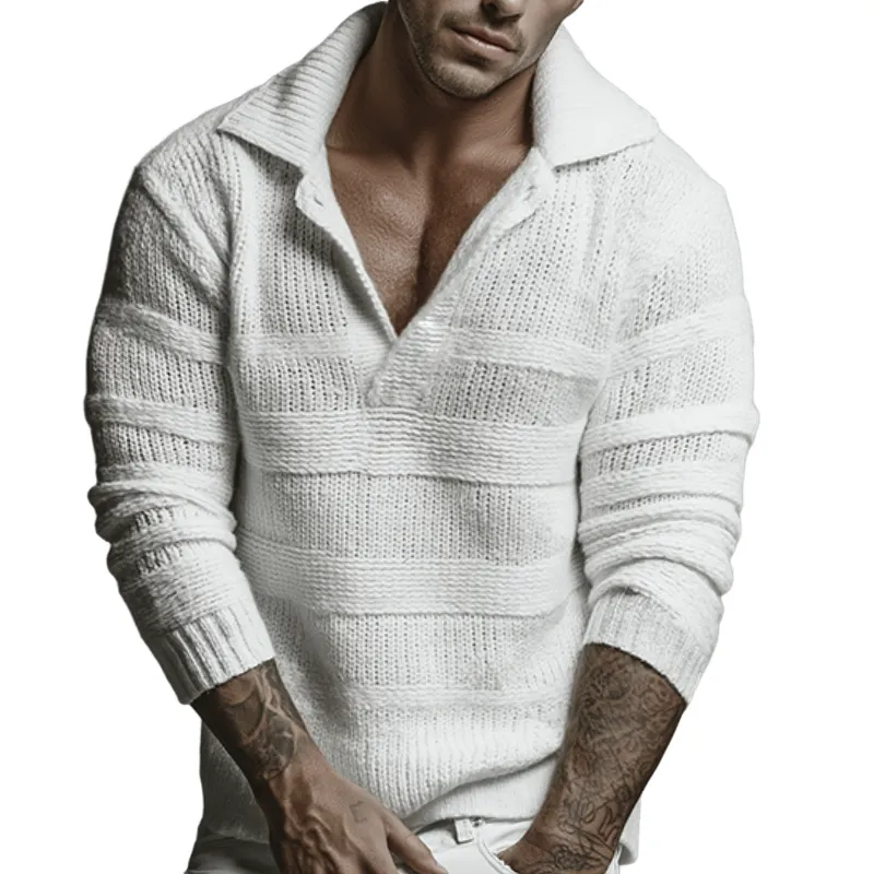 Men's Retro Casual Striped Knit Solid Color Lapel Sweater MTA3049H2TO sold by Manly