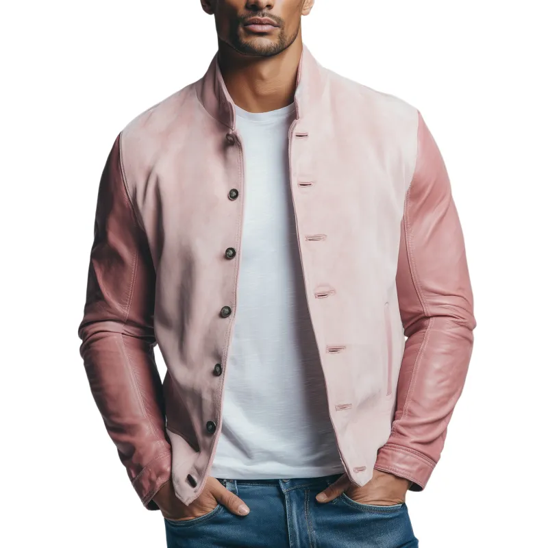 Men's Classic Casual Sleeves Stitching PU Leather Pink Suede Stand Collar Jacket MTA0696H2K sold by Manly