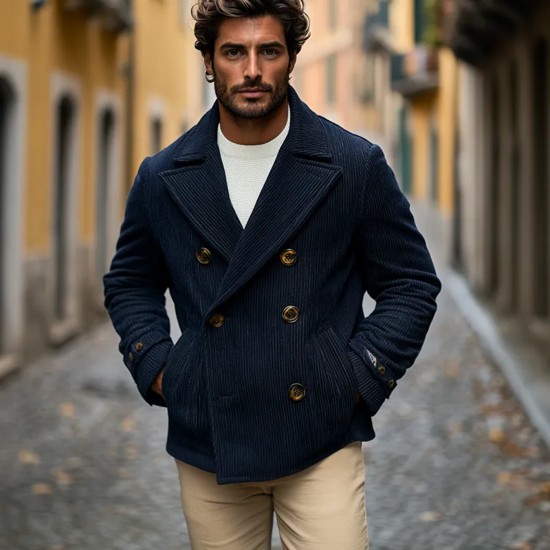 Men's Vintage Solid Color Corduroy Lapel Double Breasted Jacket MTA0169I7X sold by Manly product image thumbnail 2