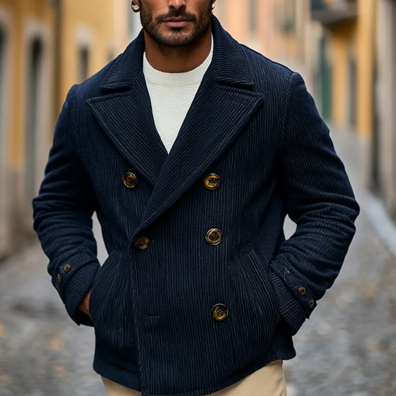 Men's Vintage Solid Color Corduroy Lapel Double Breasted Jacket MTA0169I7X sold by Manly product image thumbnail 4