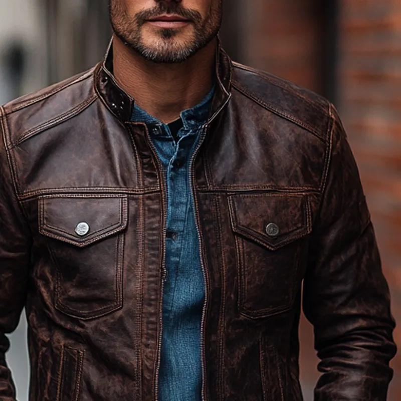 Men's Vintage Stand Collar Zipper Distressed PU Jacket MTA0131I5X sold by Manly product image thumbnail 4