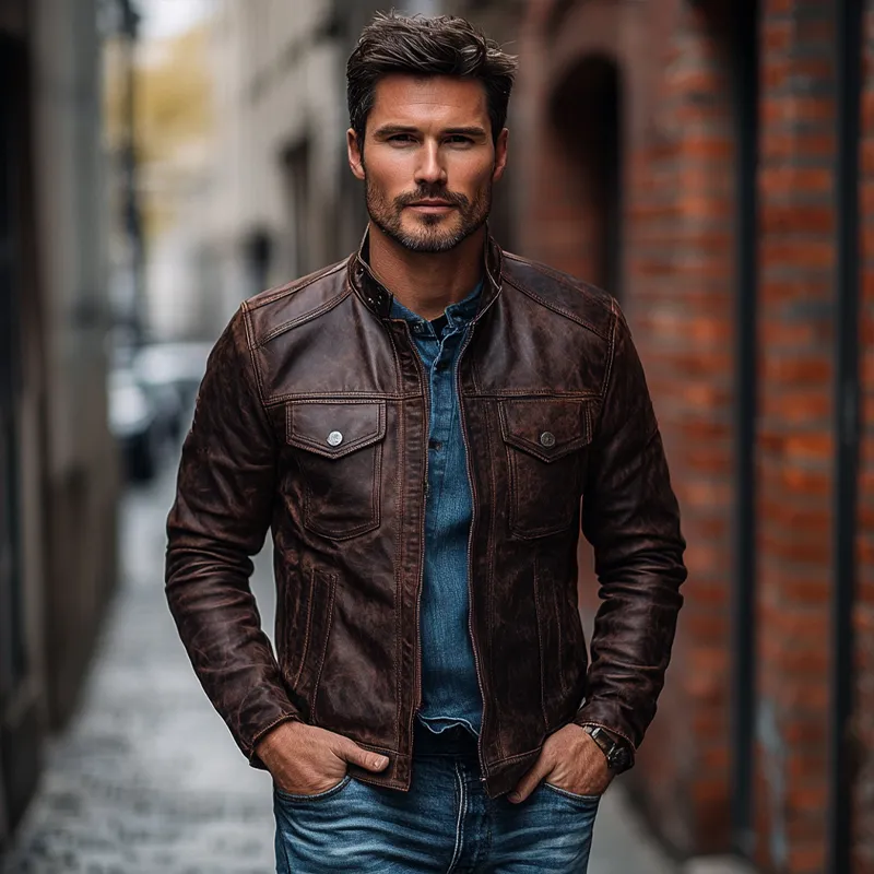 Men's Vintage Stand Collar Zipper Distressed PU Jacket MTA0131I5X sold by Manly product image thumbnail 3