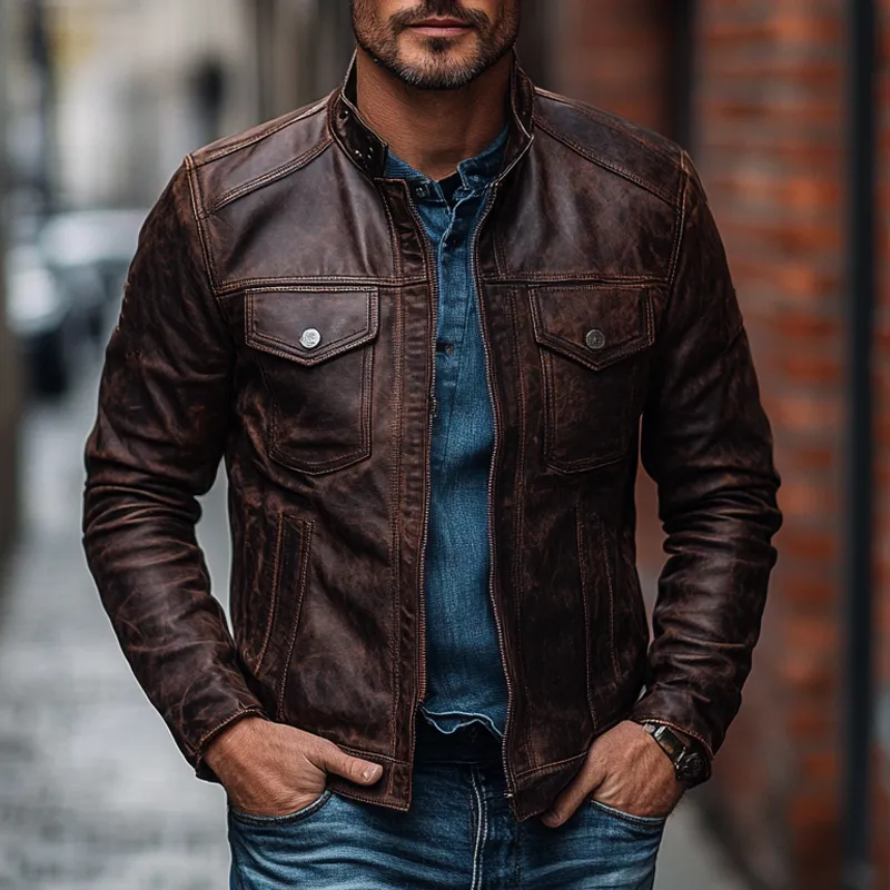 Men's Vintage Stand Collar Zipper Distressed PU Jacket MTA0131I5X sold by Manly product image thumbnail 2