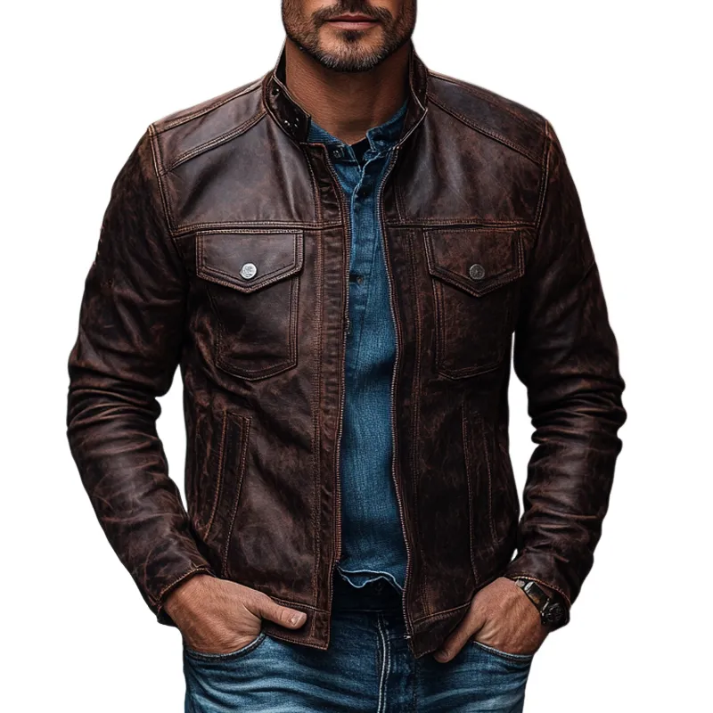 Men's Vintage Stand Collar Zipper Distressed PU Jacket MTA0131I5X sold by Manly