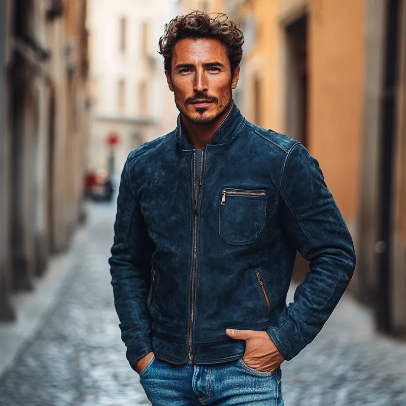 Men's Vintage Faux Suede Stand Collar Zip-Up Jacket MTA0109I0X sold by Manly product image thumbnail 4