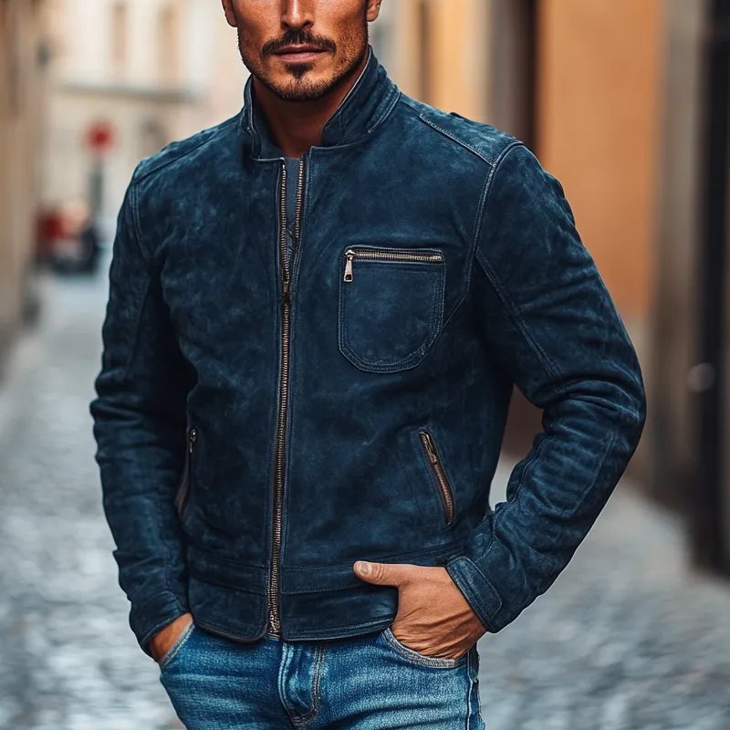 Men's Vintage Faux Suede Stand Collar Zip-Up Jacket MTA0109I0X sold by Manly product image thumbnail 2