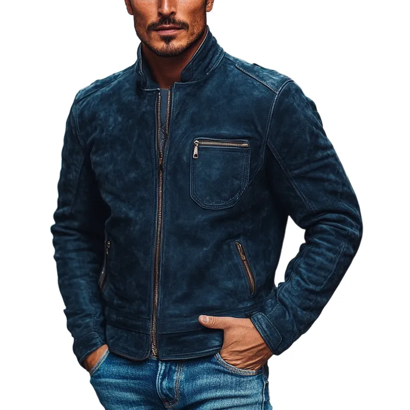 Men's Vintage Faux Suede Stand Collar Zip-Up Jacket MTA0109I0X sold by Manly