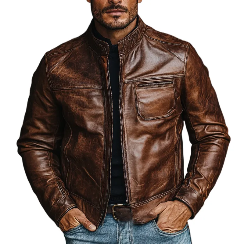 Men's Vintage Distressed Multi-pocket Stand Collar PU Jacket MTA0143I6X sold by Manly