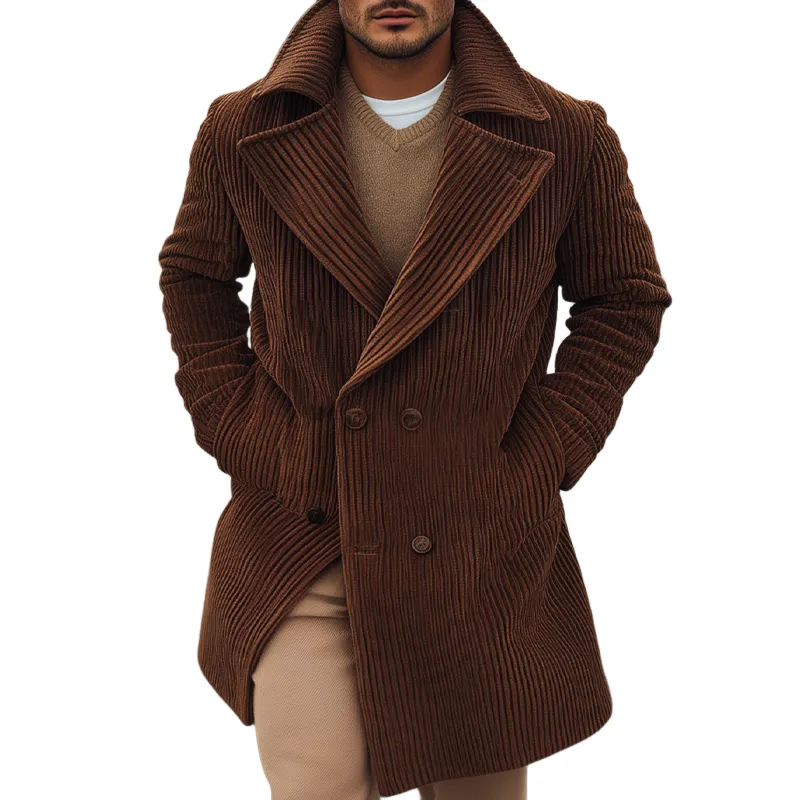 Men's Retro Solid Color Striped Lapel Mid-Length Coat MTA0166I4X sold by Manly