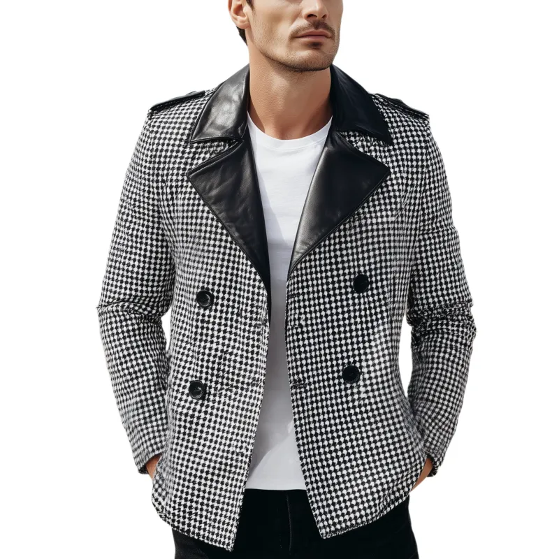 Men's Classic Casual Lapel PU Leather Double-breasted Houndstooth Fabric Jacket MTA0184I5K sold by Manly