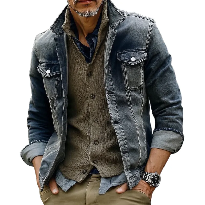 Men's Vintage Faded Blue Lapel Button-Down Denim Jacket MTA3092H1U sold by Manly