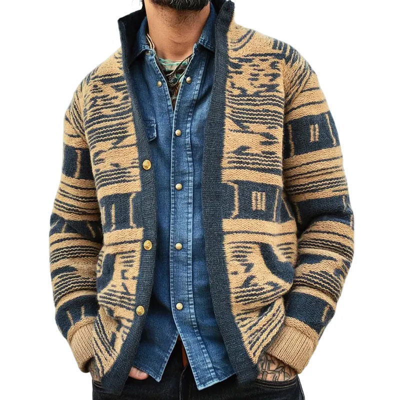 Men's Retro Stand Collar Colorblock Jacquard Knit Cardigan MTA0186I3U sold by Manly