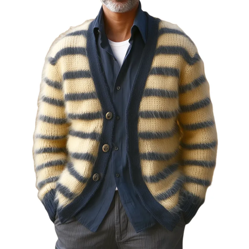 Men's Classic Colorblock Striped V-Neck Plush Knit Cardigan MTA3040H0U sold by Manly