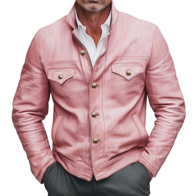 Men's Classic Stand Collar Pink PU Leather Jacket MTA0115I6U sold by Manly