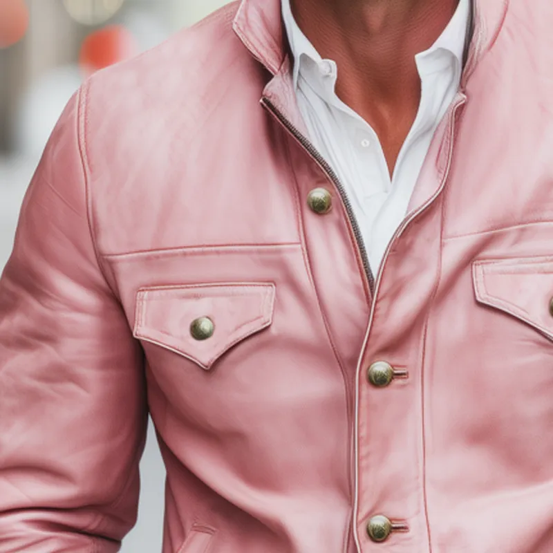 Men's Classic Stand Collar Pink PU Leather Jacket MTA0115I6U sold by Manly product image thumbnail 3