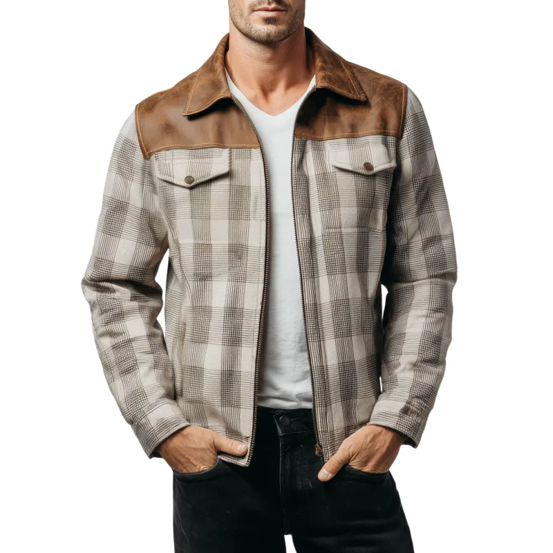 Men's Classic Casual PU Leather Stitching Woolen Plaid Lapel Jacket MTA0192I0K sold by Manly