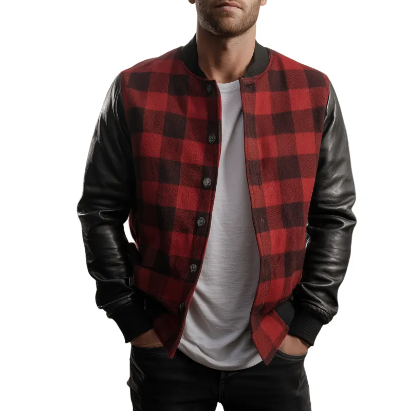 Men's Classic Casual Woolen Plaid Stitching PU Leather Stand Collar Jacket MTA0110I3K sold by Manly