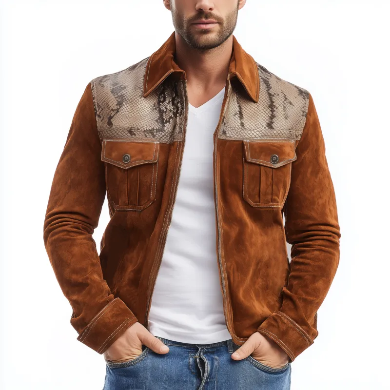 Men's Classic Casual Shoulder Stitching Textured PU Leather Zipper Lapel Suede Jacket MTA0165I3K sold by Manly