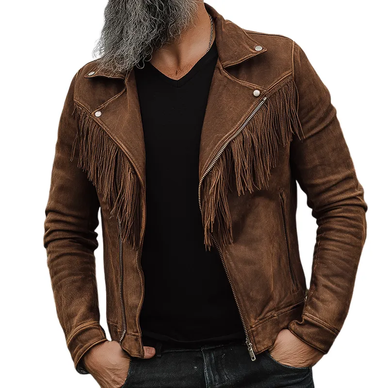 Men's Retro Casual Western Style Suede Tassel Zipper Biker Jacket MTA2830H9TO sold by Manly