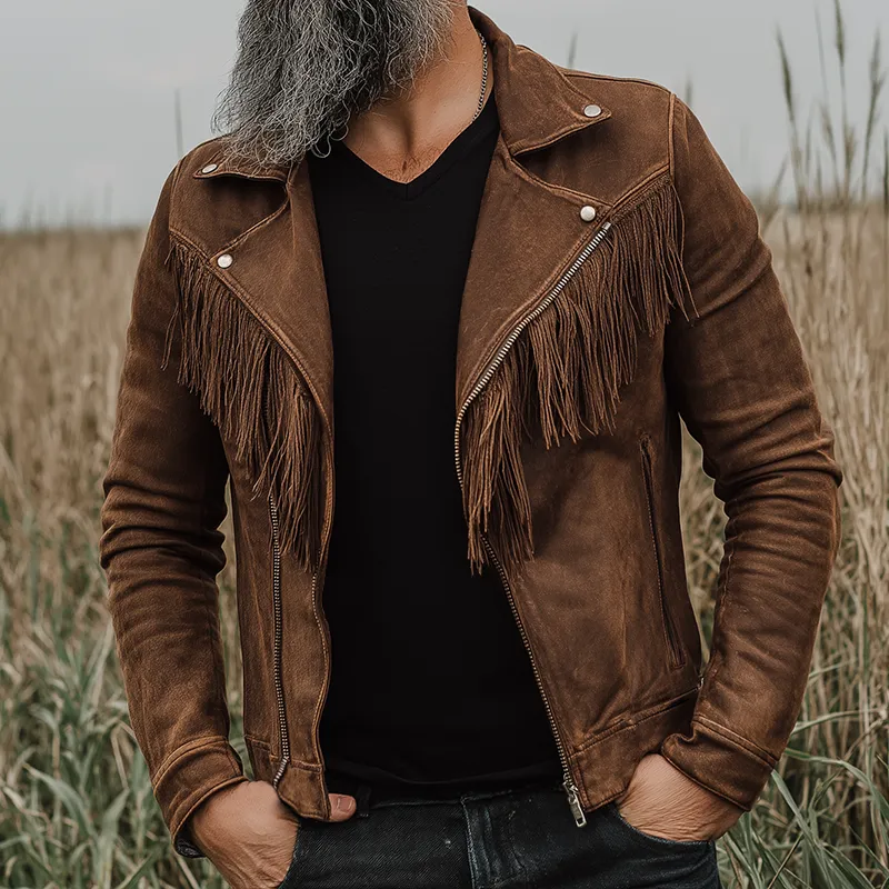 Men's Retro Casual Western Style Suede Tassel Zipper Biker Jacket MTA2830H9TO sold by Manly product image thumbnail 2