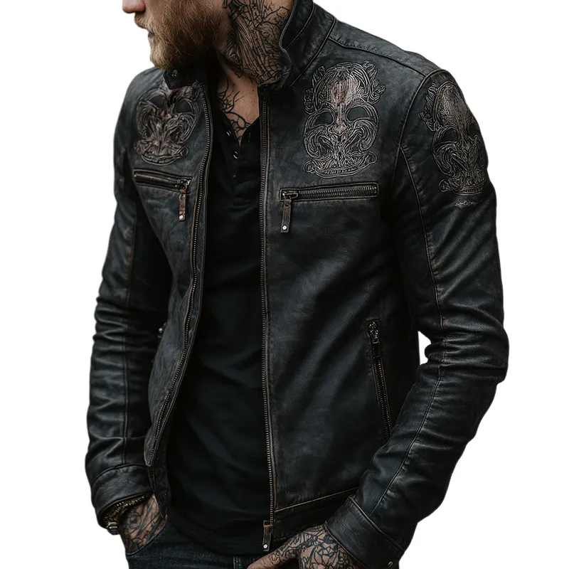 Men's Retro Casual Distressed Skull Print Stand Collar Zipper Leather Biker Jacket MTA2888H1TO sold by Manly