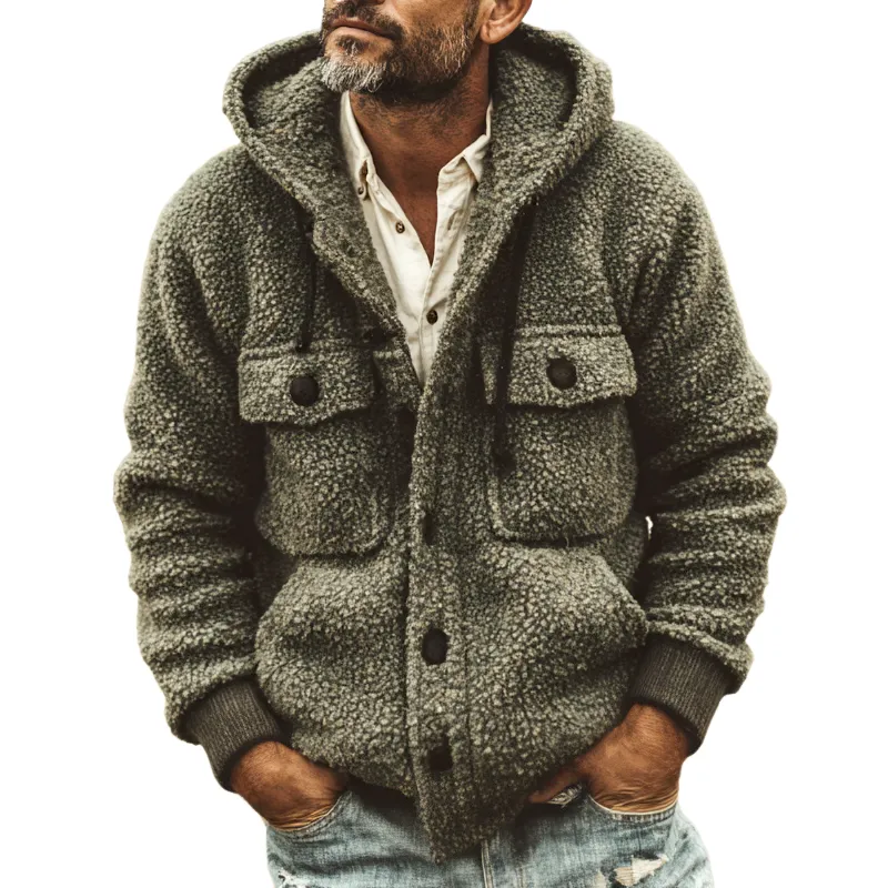 Men's Fleece Hooded Multi-pocket Single Breasted Casual Jacket MTA0152I7Z sold by Manly
