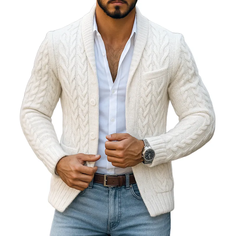 Men's Solid Cable Knit Lapel Single Breasted Cardigan MTA0118I9Z sold by Manly