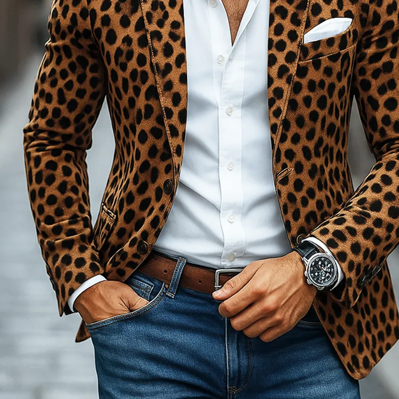 Men's Leopard Print Faux Suede Notch Lapel Two Buttons Blazer MTA0195I4Z sold by Manly product image thumbnail 4