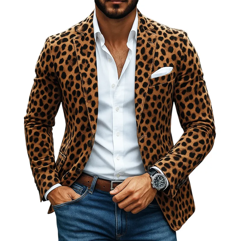Men's Leopard Print Faux Suede Notch Lapel Two Buttons Blazer MTA0195I4Z sold by Manly