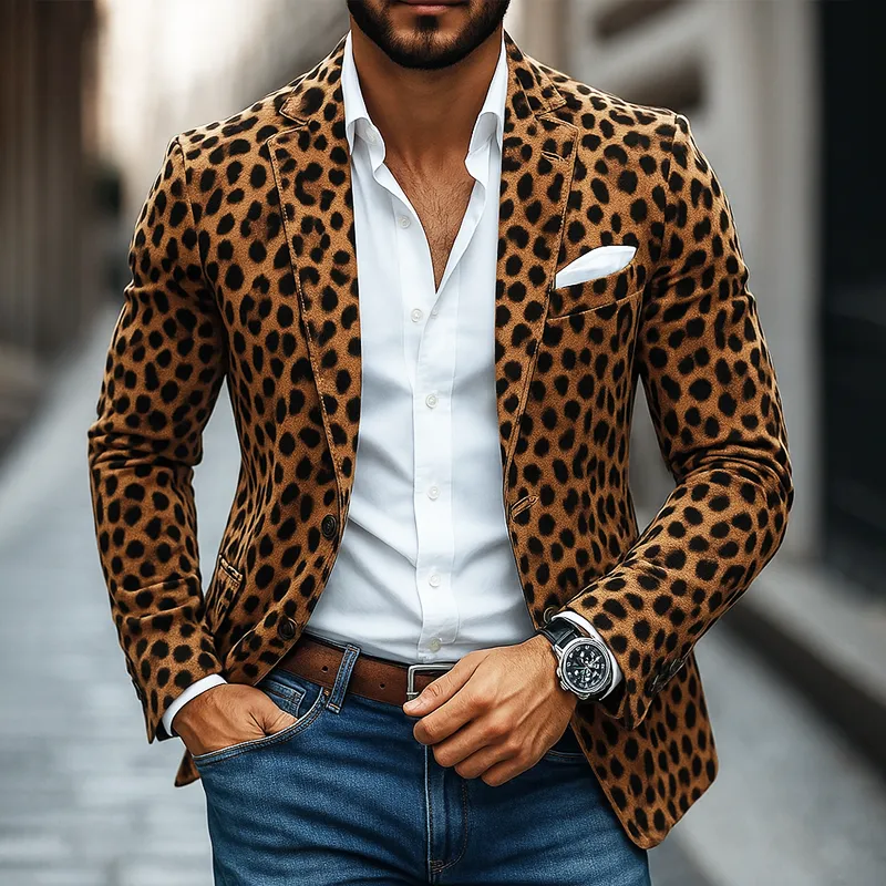 Men's Leopard Print Faux Suede Notch Lapel Two Buttons Blazer MTA0195I4Z sold by Manly product image thumbnail 2