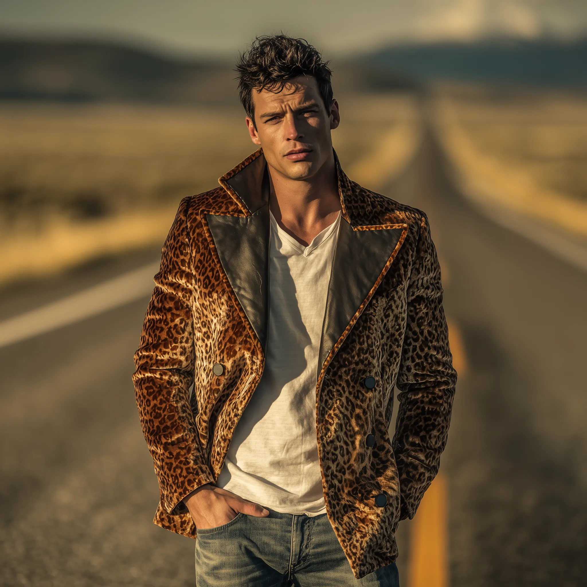 Men's Classic Vintage Pu Leather Lapel Double-breasted Velvet Leopard Print Jacket MTA0345I6K sold by Manly product image thumbnail 3