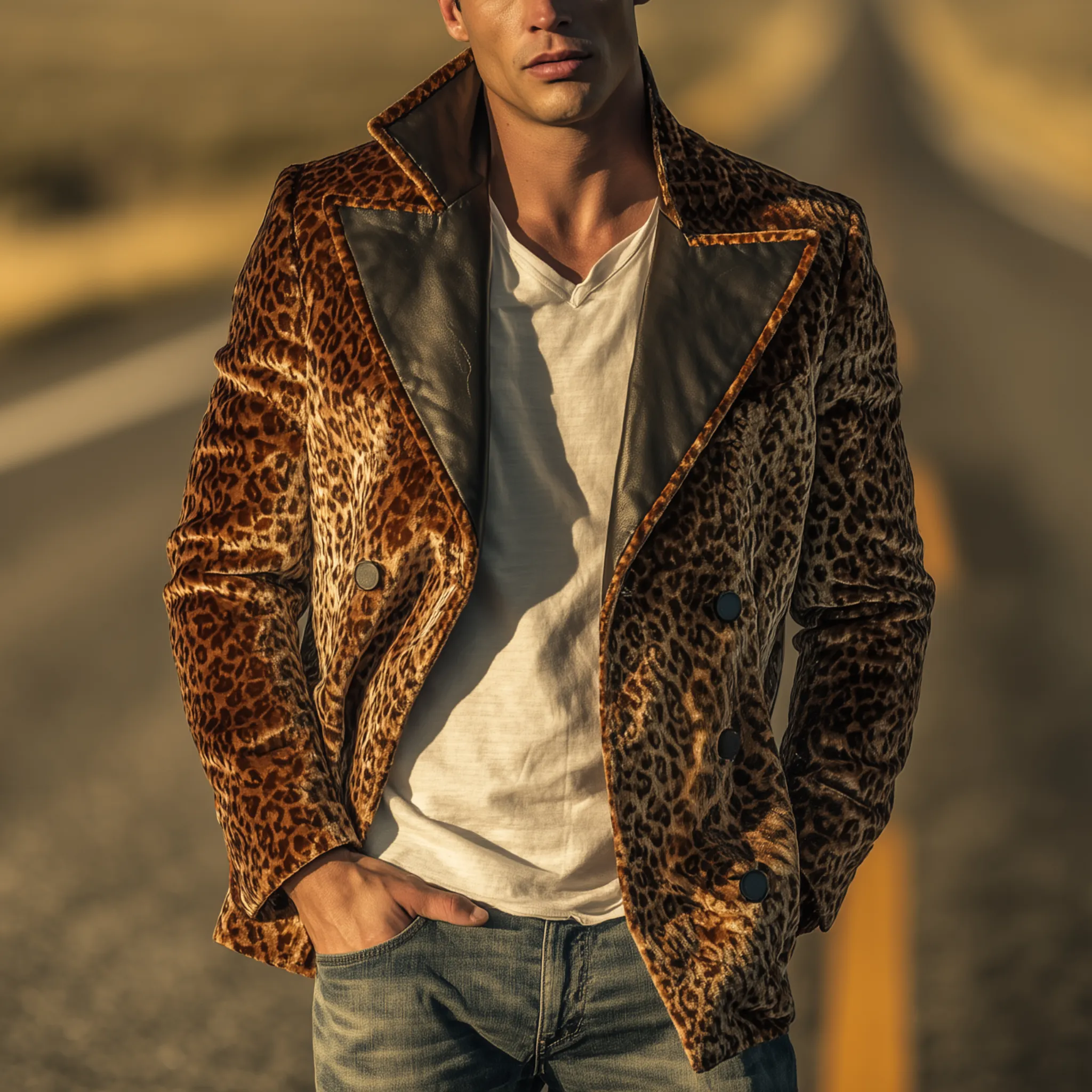 Men's Classic Vintage Pu Leather Lapel Double-breasted Velvet Leopard Print Jacket MTA0345I6K sold by Manly product image thumbnail 2