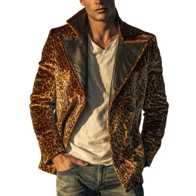 Men's Classic Vintage Pu Leather Lapel Double-breasted Velvet Leopard Print Jacket MTA0345I6K sold by Manly