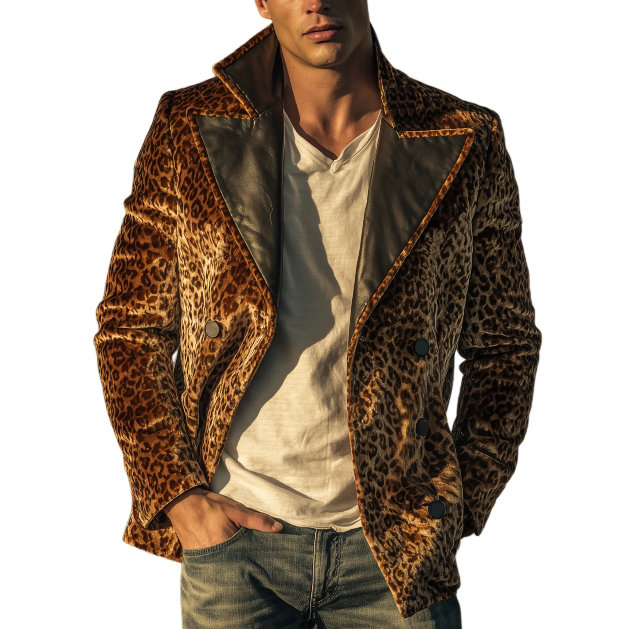 Men's Classic Vintage Pu Leather Lapel Double-breasted Velvet Leopard Print Jacket MTA0345I6K sold by Manly